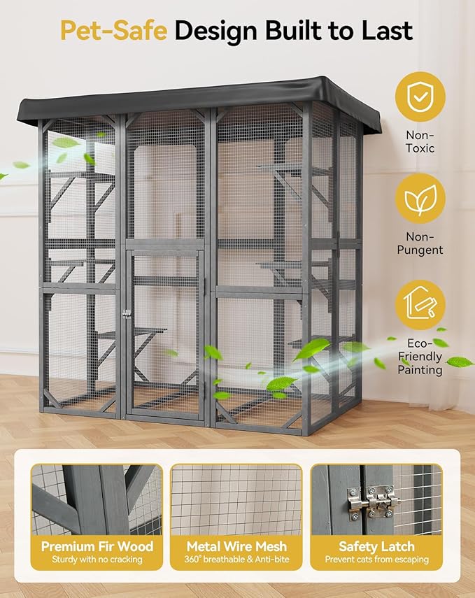 Catio Outdoor Cat Enclosure, 71" Large Cat House for Multiple Cats with Waterproof Roof, 3 Tier Cat Cage with 6 Platform for Patio, Yard, Graden