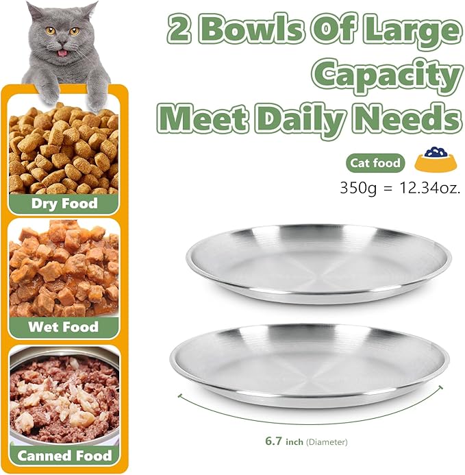 4-Pack Stainless Steel Cat Food Bowls – Shallow, Whisker-Friendly Non-Slip Silicone Base,Easy to Clean Indoor Feeding Dishes (6.7")
