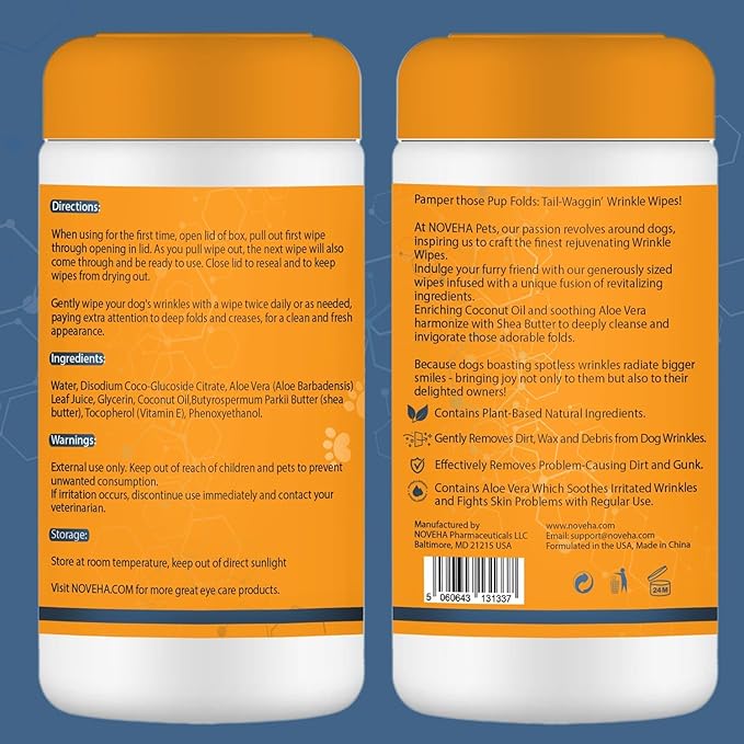 NOVEHA Wrinkle XL Wipes for Dogs | Wipes for Bulldog, French Bulldog, Pug, English Bulldog – Wipes for Multiple Areas Removes Dirt, Wrinkles, Folds, Tear Stain, Tail Pockets & Paws (240 Counts)