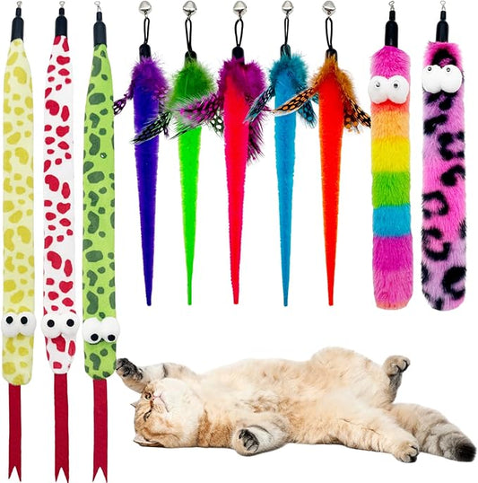 Cat Wand Replacement Feather Worm Snake, 10 Pieces Cat Wand Attachments Assorted Snakes Worms Feathers Refill Toy for Indoor Cats (A)