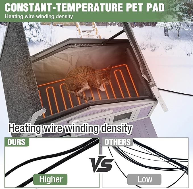 Outdoor Heated Cat House with Insulated Liner, Feral Cat Shelter for Cold Weather Protection, Kitty Home with Waterproof Roof, Raised Leg and Large Porch