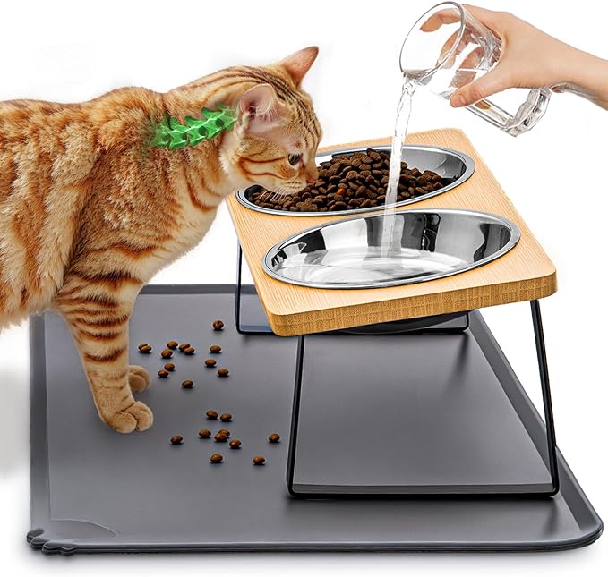 Elevated Cat Food Bowls with Mat Whisker Friendly, 15°Tilted Raised Cat Water Dishes Set for Anti Vomit, Pet Holder Stand Feeding Station for Indoor Kitten and Puppy Dog