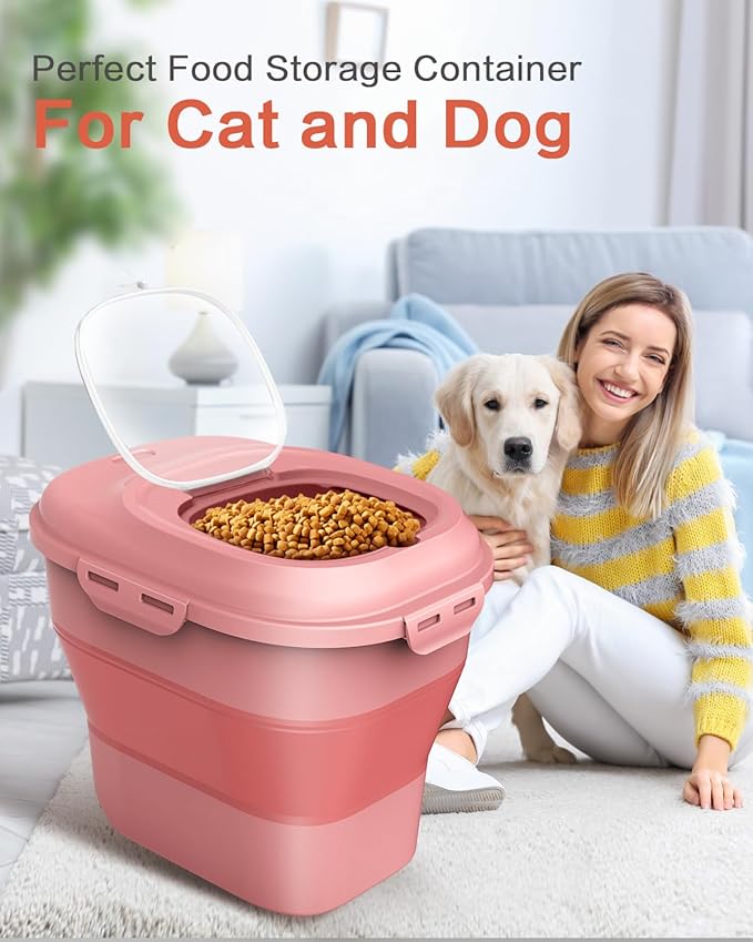 ANVS Dog Food Storage Container - Collapsible Dog Food Container with Airtight Lids, Scoop and 2.5L Small Pet Food Storage Container Dry Food For Dog, Cat and Other Pet Food (Pink, 30 lbs)