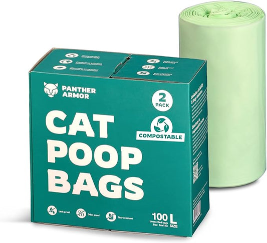 Panther Armor Litter Bags - 200x Unscented Compostable Cat Poop Bags 16x12in Super Large Cat- Kitty Leak Proof Box Trash, Odor Proof Cat Litter Disposal Bags