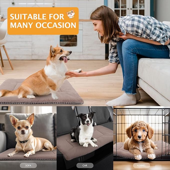 Reversible Dog Bed Mat with Plush and Corn Velvet,Soft Warm Pet Cushion, Dual Purpose Washable Sleeping Mattress Bed for Small Medium Large Dog and Cat XB004 (42"x28", Khaki)