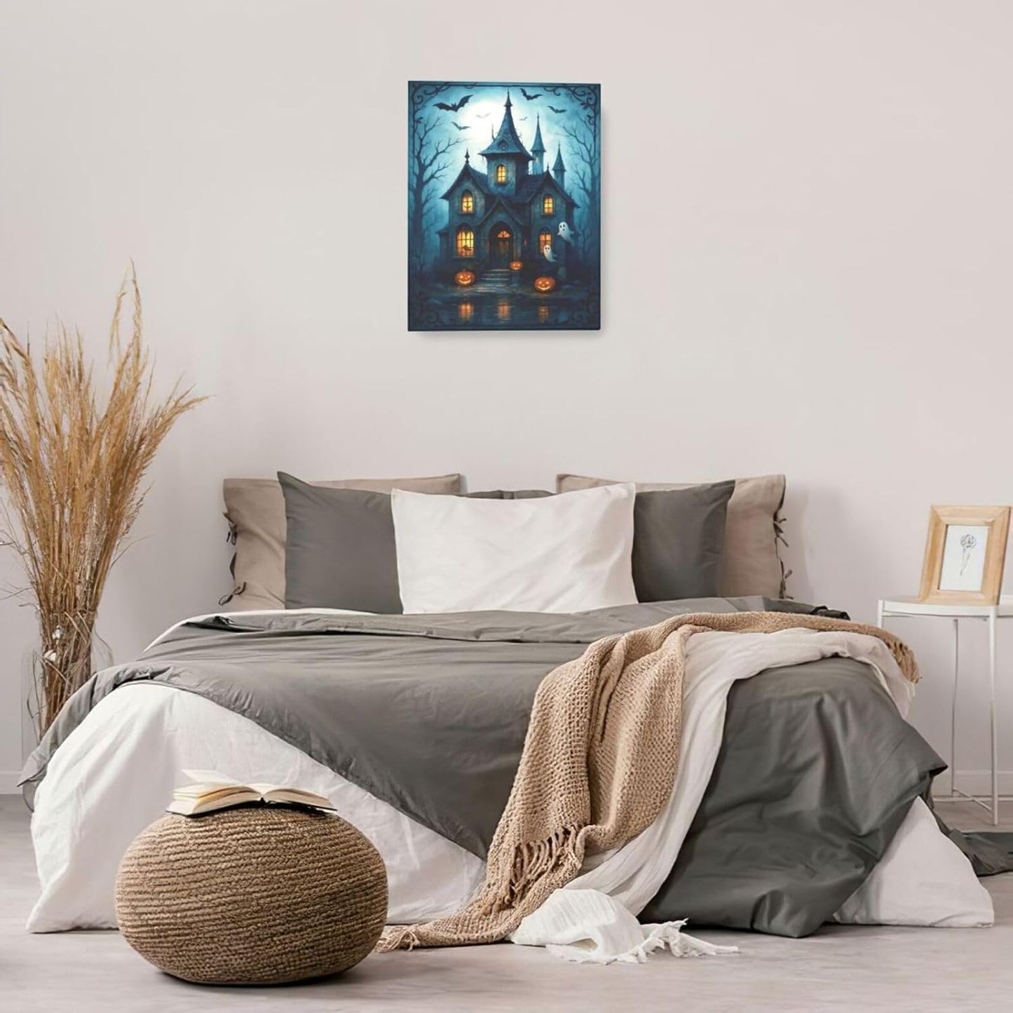 Halloween Gothic Wall Art Castle Pumpkin Ghost Bat Canvas Wall Decor Dark Academia Pictures Painting Print Framed Artwork Decorations Gifts for Halloween Living Room Bedroom Office 16"x20"