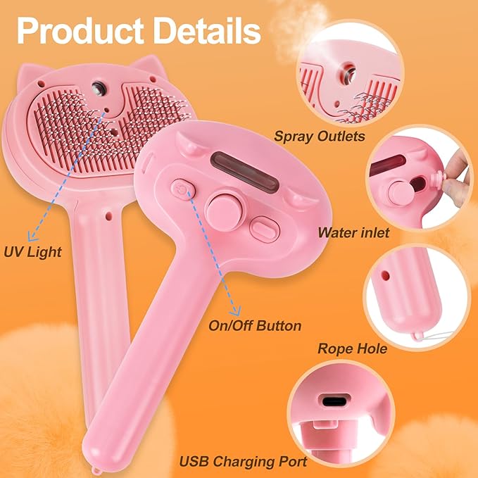 Cat Steam Brush for Shedding, 4 in 1 Steamy Cat Brush with Release Button, Self Cleaning Metal Pet Misting Hair Comb with Handle for Grooming Kitten Dog(Pink)