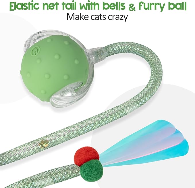 Interactive Cat Toys Ball for Indoor Cats, Automatic Moving Ball Toy with Elastic Mesh Tail, Chirping & Obstacle Avoidance and Motion Activated, Green【Rechargeable】
