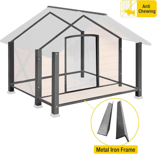 Aivituvin Dog House with Anti-Chewing Metal Frame Outdoor Large Wooden Dog Kennel Outside with Overhang Roof Large Porch Weatherproof