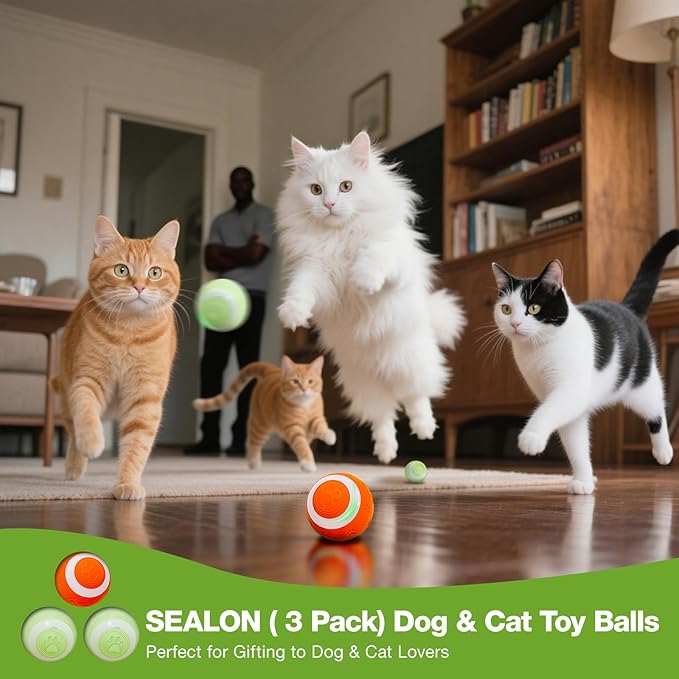 SEALON Electric Interactive Dog & Cat Toy Ball(3 Pack) Indoor Cat Play Ball, Suitable for Cats Over 6 Months for Exercise, Weight Loss, and Fun