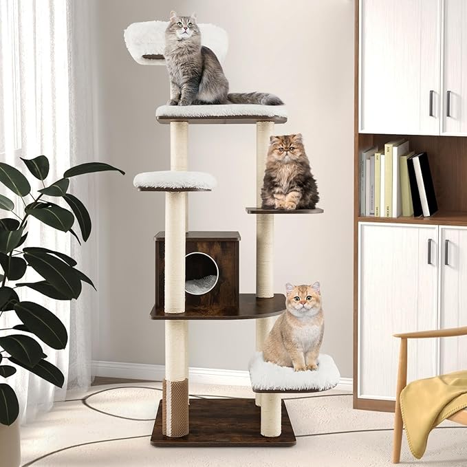 Tangkula Tall Cat Tree, 71-Inch Cat Tower with Multi-Layer Platform, Modern Wood Cat Tree with Sisal Scratching Posts, Self Groomer, Cat Condo, Washable Cushions for Large Cats 20 lbs Heavy Duty