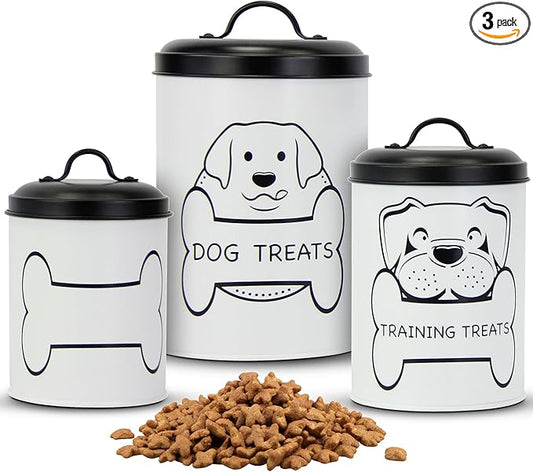 PURE HOME ESSENTIALS Metal Dog Treat Containers with Lids (Set of 3) – Customizable Chalk Labels & Chalk Included – Dog Food Storage/Dog Treat Jars for Kitchen Counter