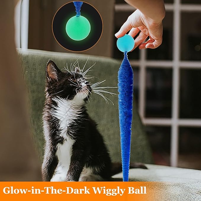 Bouncy Balls for Cats-5 Packs，Fuzzy Worm Cat Worm Toys with Fluorescent Ball，Magic Worm Bouncy Ball with Tail Cat Toy