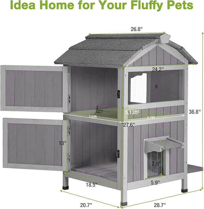 Cat Houses for Outdoor Cats 2-Story Large Cat Condo for Multiple Cats, Weatherproof Feral Cat Shelter with Window, Easy Clean Wood Kitty House