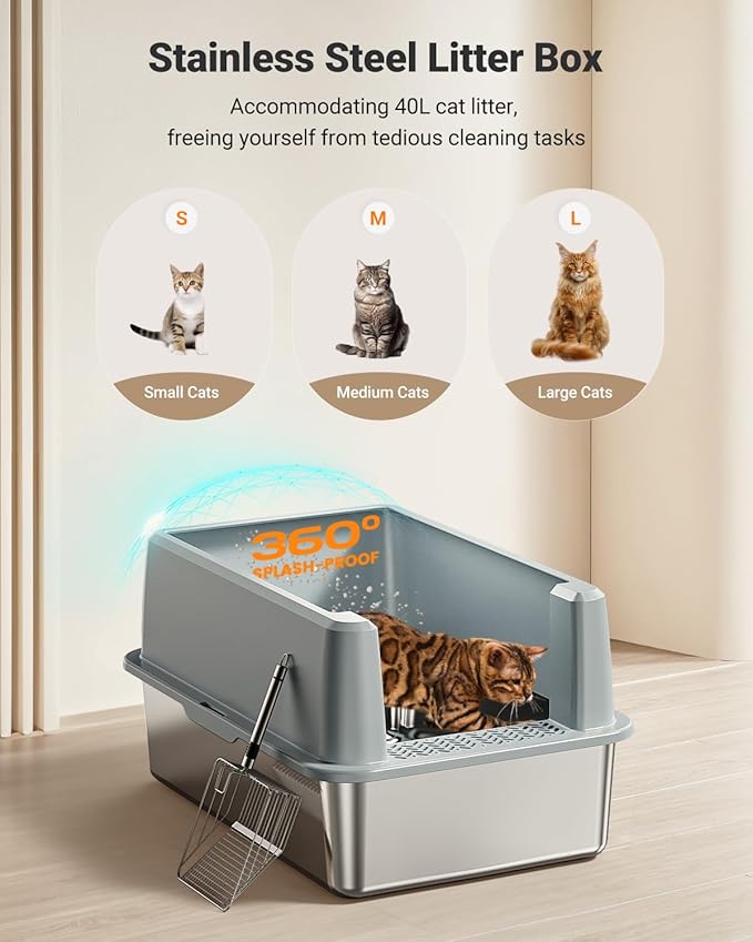 XL Stainless Steel Litter Box, Large Metal Cat Litter Box with High Sided for Big Cats, Enclosed Litter Boxes with Lid, Easy-Clean Cat Litter Mat & Scoop Kit, Non Sticky, Anti-Urine Leakage