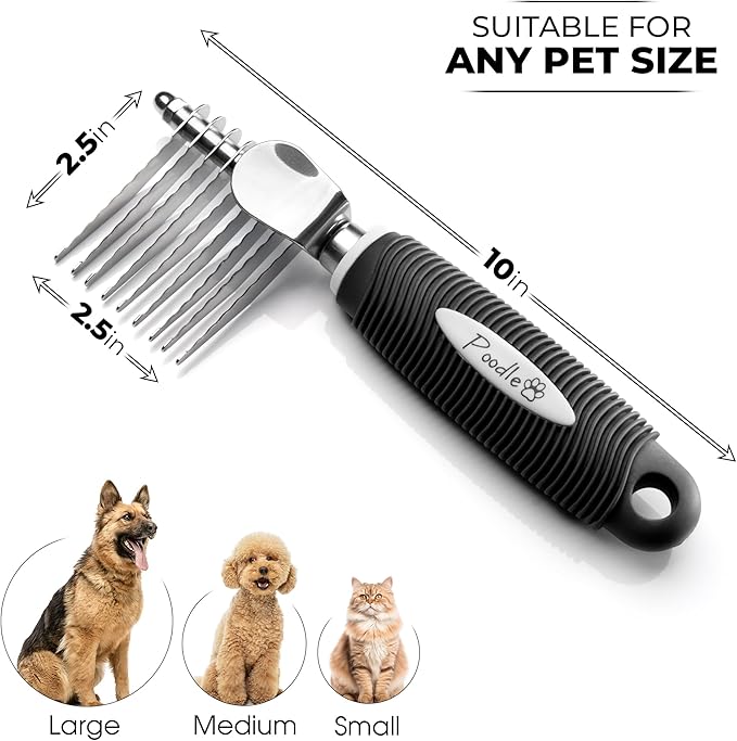 Poodle Dematting Fur Rake Comb Brush for Dogs and Cats - Long 2.5" Steel Safety Blades Metal Comb for Detangling Matted or Knotted Undercoat Hair