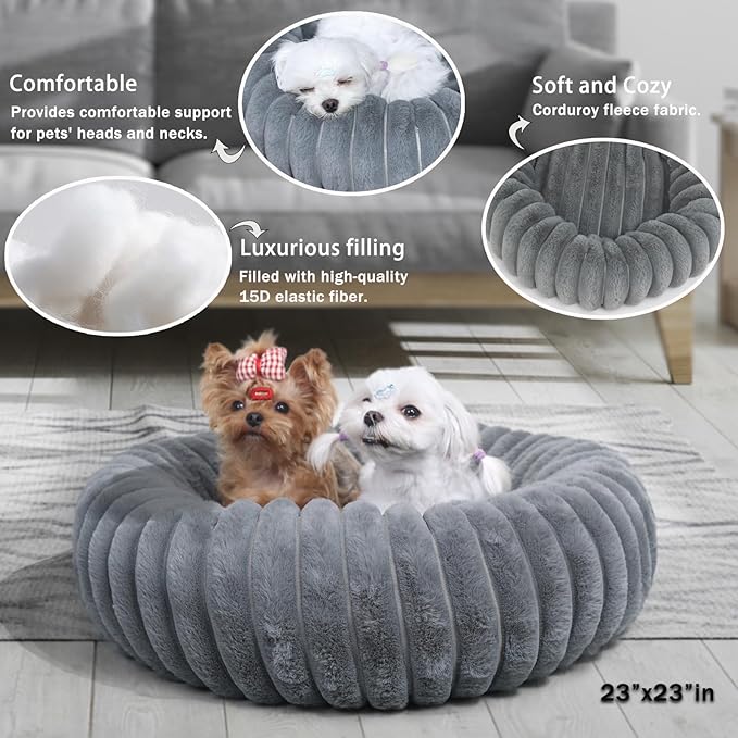 Dog Beds Small Sized Dog Washable Calming Anti-Anxiety Donut Puppy Bed for Small Dogs and Cats,Cozy Soft Anti-Slip Round Large Cat Bed 23 Inch Fits up to 25 lbs Pets,Warm Grey