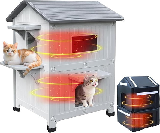 Plastic Outdoor Indoor Cat House with Insulated Liner, 100% Insulated Outdoor Cat Houses for Winter, Waterproof Feral Cat Shelter, Assemble Easily-White