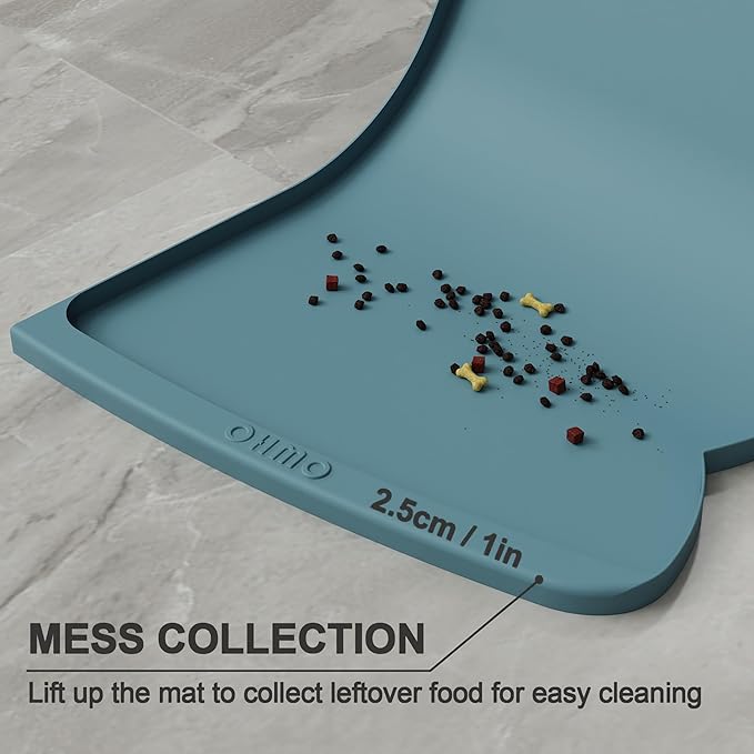 OHMO Dog Food Mat(Light Blue, 24 * 15'') w/Residue Collection Pocket Silicone Pet Feeding Mat for Floor High Edges Anti Spills Waterproof Cat Water Bowl Tray, Easy Clean Placemat