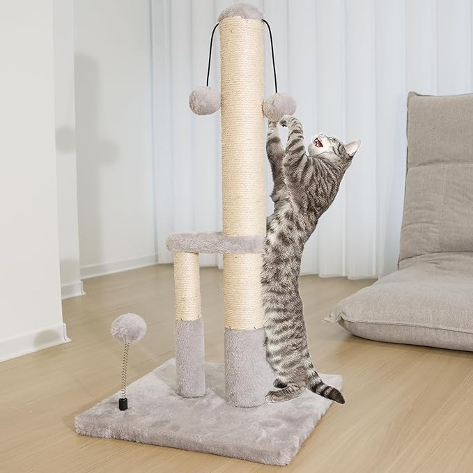 Dimaka Tall Cat Scratching Post, Double Lower Posts Extra Stable Cat Post Tree Scratcher with Sisal Rope and Teasing 4 Balls Total Large Base (Grey)