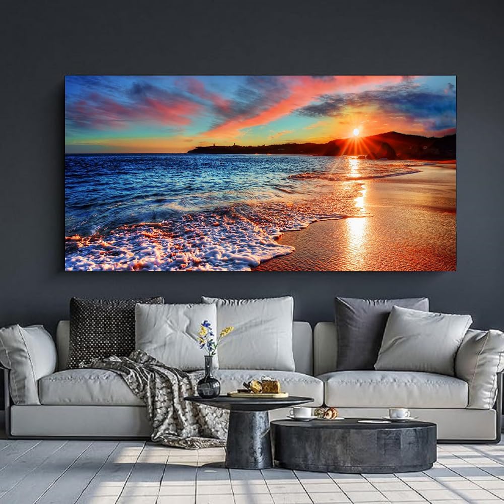 Yxbhhym-Large Pictures for Living Room Wall Art Sunset Beach Artwork for Wall Coastal Room Decor Ocean Canvas Wall Art Seascape Print Painting Sea Poster Bedroom Wall Decor Office Home Decoration