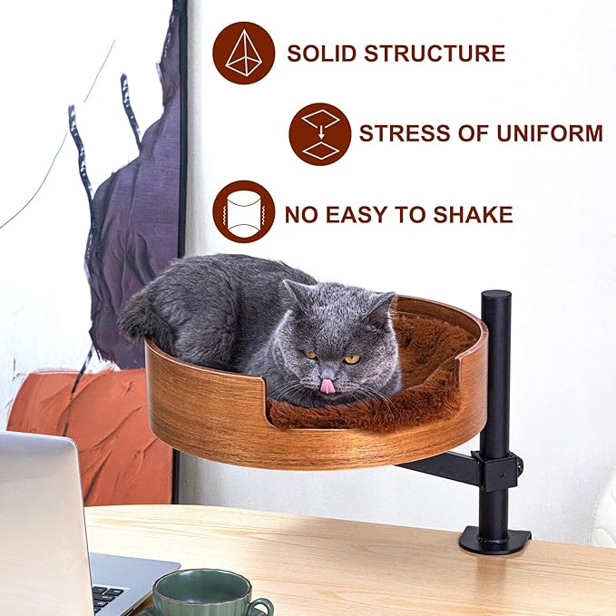 Cat Bed Desk with Pet Mat, Cat Hammock for Desk, Cat Bed Desk with Wooden Bowl, 360° Rotation and Adjustable Height, Coffee