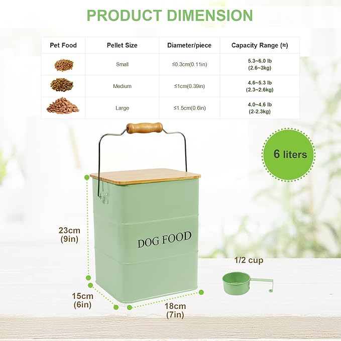 Dog Food storage container Dog Treats Jar,5~6 lb Metal food treats tin for Dog, pet snacks Canisters with wooden lid/handle/sevice scoop-Green