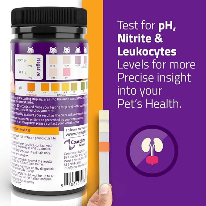 CheckUp Cat and Dog UTI Urine Test Strips | 3 Parameters CheckUp in 1- a More Detailed Test of 3 UTI Related Markers - pH, Nitrite and Leukocytes Levels x50