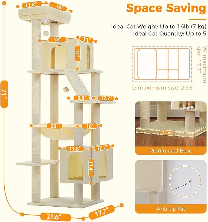 71 Inch Tall Cat Tree for Indoor Cats Large Adult, Multi-Level Cat Tower with Extra Large Hammock, 2 Cat Caves, Spacious Top Perch, Scratching Pad, Beige