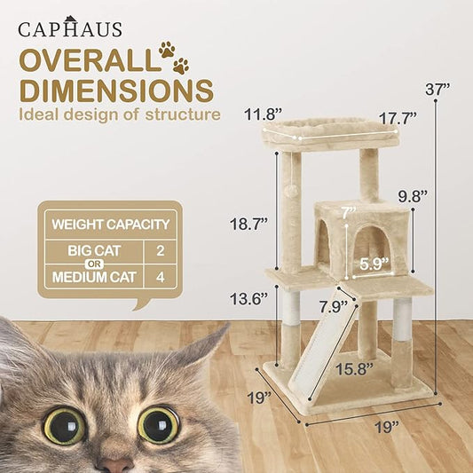 CAPHAUS Cat Tower for Indoor Cats, Modern Cute 37-Inch Small Cat Tree with Widened Perch for Large Cats Kittens, Multi-Level Cat Activity Tree with Scratching Posts and Ramp, 2-Door Cat Cave Condo