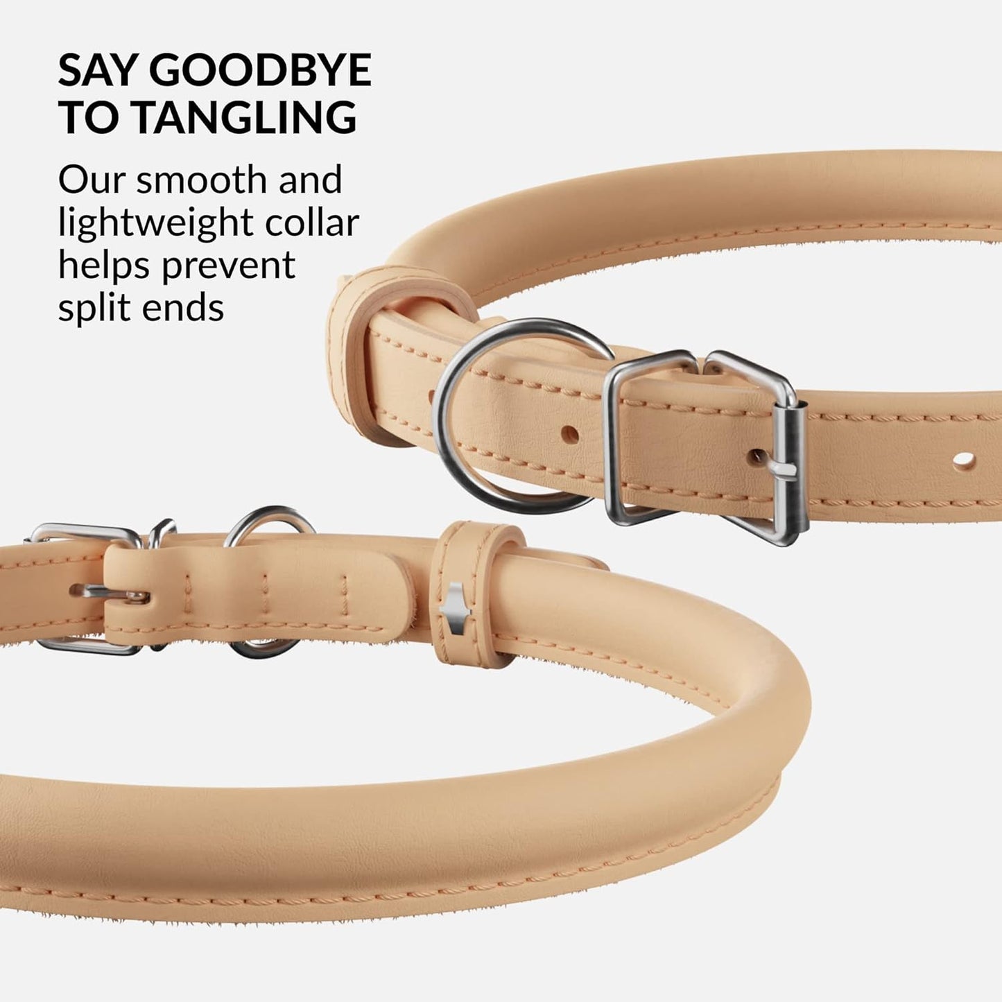 CollarDirect Rolled Leather Dog Collar, Soft Padded Round Puppy Collar, Handmade Genuine Leather Collar Dog Small Large Cat Collars 13 Colors (6-7 Inch, Beige Smooth)