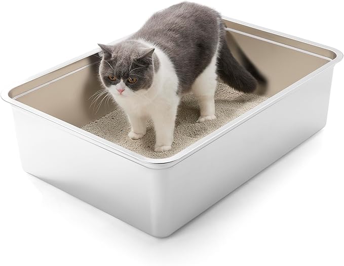 Yangbaga Extra Large Stainless Steel Litter Box, 28’’ x 20’’ x 8’’ Ultimate Metal Cat Litter Box with High Sides, Sturdy Long-Lasting Litter Pan with Anti-Slip Rubber Feet
