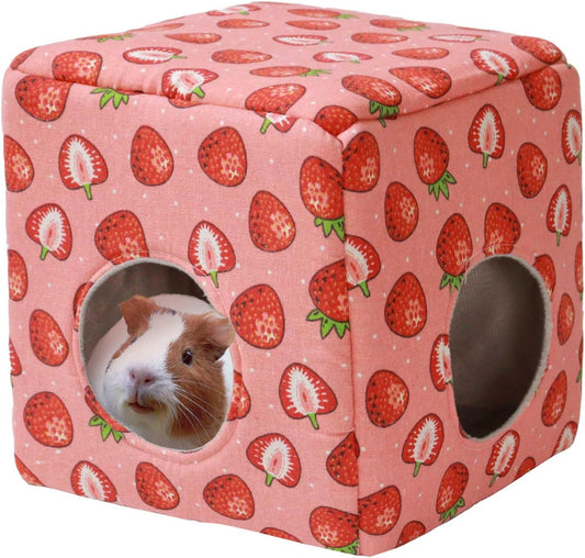 JSPYFITS Guinea Pig Hideout, Washable Guinea Pig House Cozy Small Pet Bed for Small Animal Bunny/Rabbit/Hamster/Chinchilla Accessories Pink Strawberry