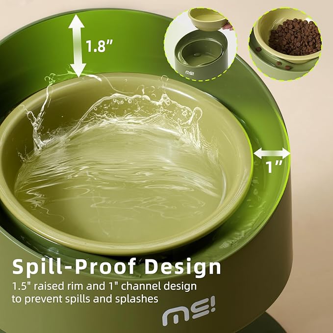 MS!MAKE SURE Adjustable Raised Cat Bowls, Ceramic Elevated Cat Bowls, Pet Bowl with Anti - Slip Rubber Pad, Leak - Proof, Lead & Cadmium Free, Whisker - Friendly, for All Life Stages of AgeGreen