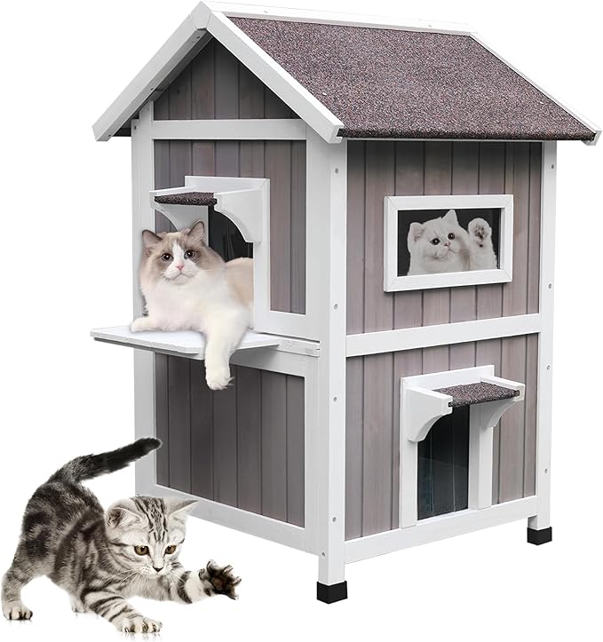 Rockever Outdoor Cat House, 2 Story Outdoor Houses for Feral Cats Wooden Outside Cat Shelter Weatherproof with Escape Door