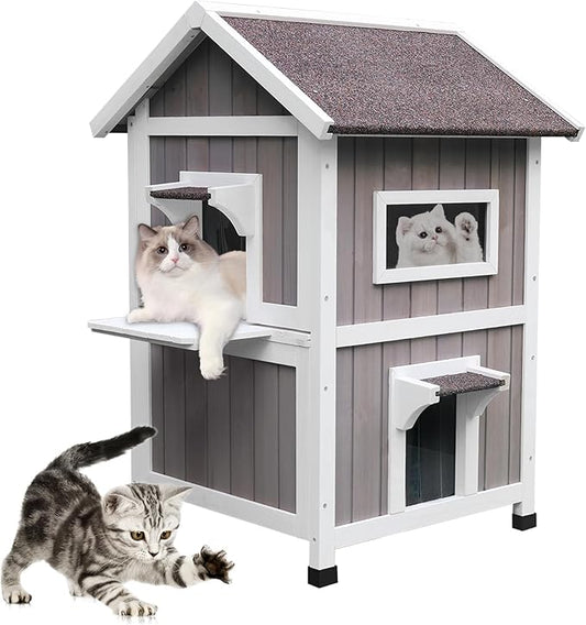 Rockever Outdoor Cat House, 2 Story Outdoor Houses for Feral Cats Wooden Outside Cat Shelter Weatherproof with Escape Door