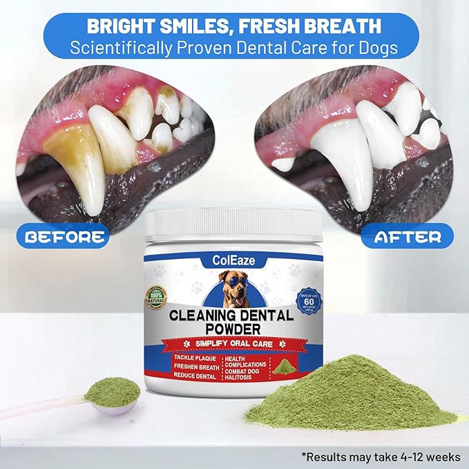 Dog Teeth Cleaning Powder, Dog Dental Powder and Breath Freshener, Plaque Off Pet Tooth Cleaning lab co, Bad Breath & Tartar Remover for Dogs, Natural Herbal Blend - All Breeds & Sizes