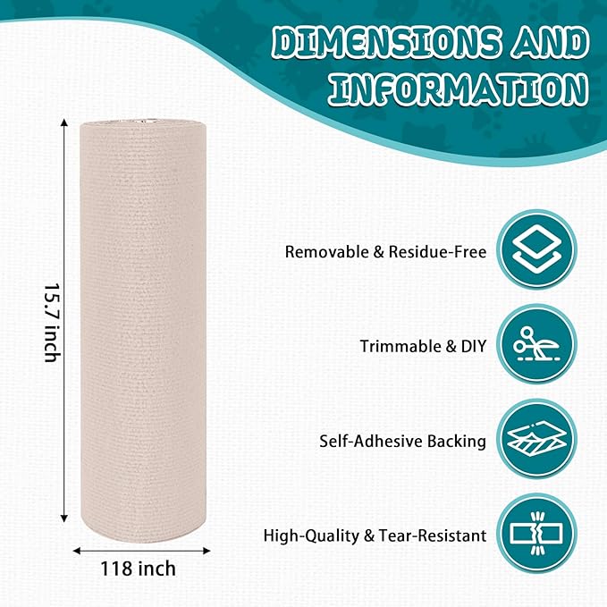Climbing Cat Scratcher Mat Trimmable Cat Scratching Post Carpet 118’’x15.8’’ Self Adhesive Carpet Mat Pad Replacement for Cat Tree Shelves Post Couch Wall Furniture Steps DIY Protector (Cream White)
