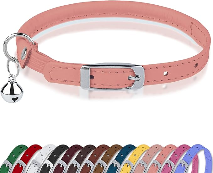 OOPSDOGGY Rolled Leather Cat Collar with Bell, Reflective Kitten Collars with Buckle Include Safety Elastic Strap - Adjustable Small Pet Collars for Boy Girl Cats (Peach)