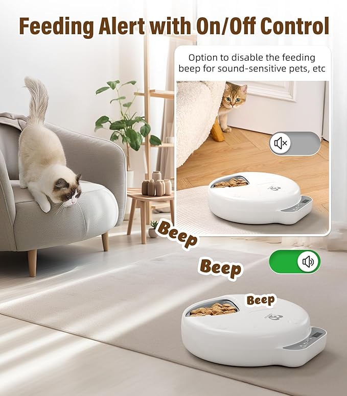 Casfuy Battery-Operated Automatic Cat Feeder - Whisker Friendly Automatic Cat Food Dispenser for Wet Dry Food Cordless 4-Meal Auto Feeder for Cats Small Dogs with Programmable 12H/24H Format Timer