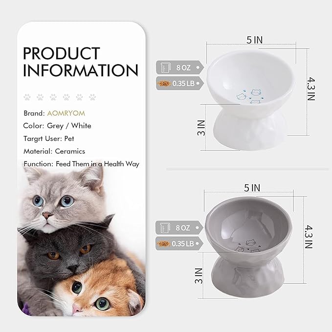 AOMRYOM Raised Cat Food Bowl, Ceramic Elevated Tilted Cat Bowls for Food and Water, Pet Bowl Dish Set for Cats and Small Dogs, Protect Cat's Spine, White & Grey, Set of 2