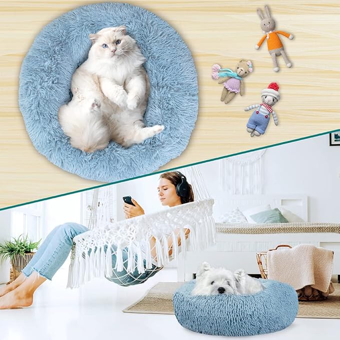 PetAmi Calming Dog Bed for Small Medium Dog Cat, Round Donut Washable, Fluffy Faux Fur Plush Cuddler Pet Kitten Cushion, Anti-Slip, Fits up to 25 lbs, 23 inch, Dusty Blue