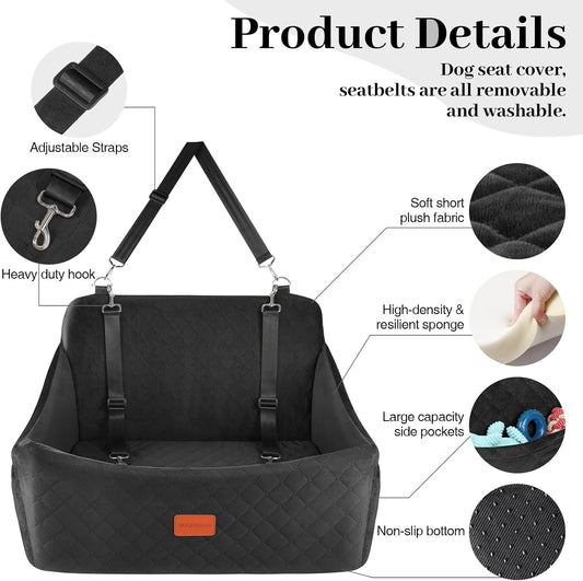 Dog Car Seat for Medium & Large Dogs Up to 55lbs, Memory Foam Cushion, Washable Cover, Safety Straps & Non-Slip Bottom(Black,Large)