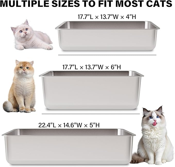Stainless Steel Litter Box 2 Pack, Metal Litter Box for Cat, Easy Clean Non Stick Easy Entry No Smell Steel Litterbox for Kitty/Rabbit