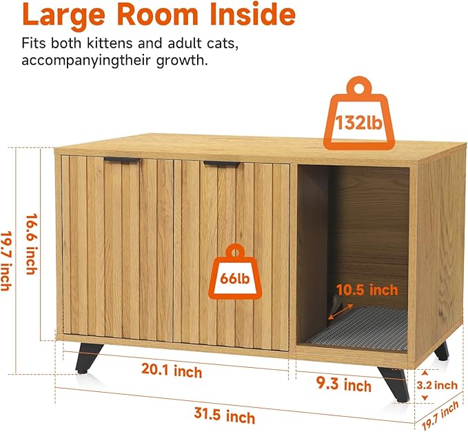 Cat Litter Box Enclosure, Modern Cat Litter Box Furniture Hidden, with Scratching Pad, 4 Metal Legs, Cat House, Natural Oak