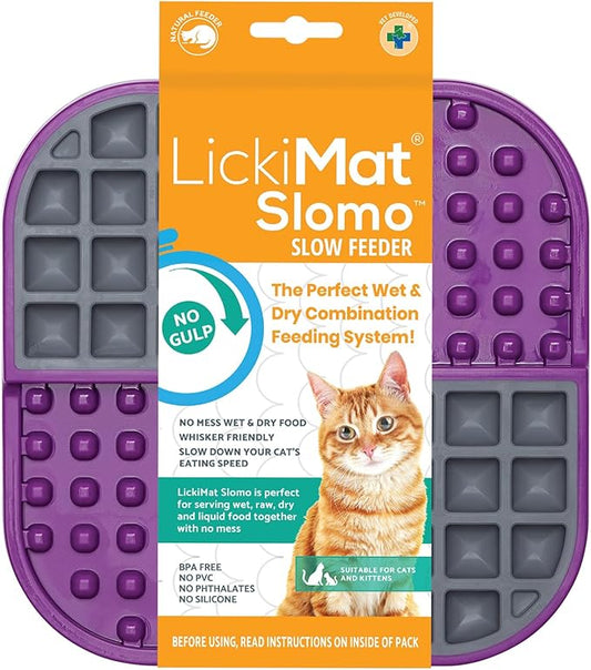 LickiMat Slomo, Cat Slow Feeder Lick Mat, Boredom Anxiety Reducer; Perfect for Food, Treats, Yogurt, or Peanut Butter. Fun Alternative to a Slow Feed Cat Bowl or Dish, Purple
