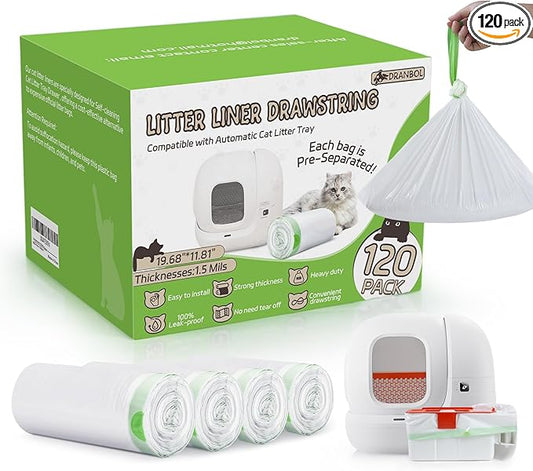 120 Pack Cat Litter Box Liners for PET KIT Pura MAX & X, Extra Thick Heavy Duty Drawstring Self-Cleaning Robot Litter Bags, Leak-proof Disposable Replaced Pet Kitty Poop Trash Bag 21.7" * 11.8"