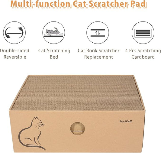 AUSCAT Cat Cardboard Scratcher, 4 PCS Reversible Cat Scratching Boards with Box for Indoor Kitty to Rest and Play, 14.8" L x 10.8" W x 5.2" H.