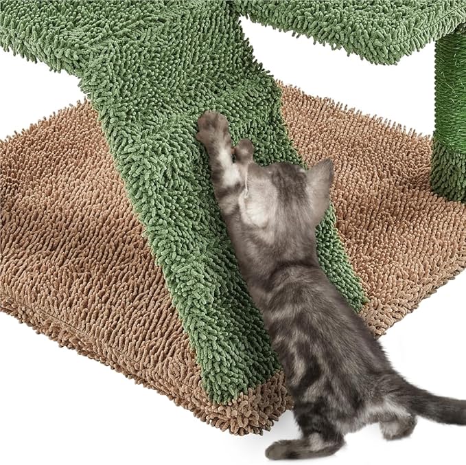 Yaheetech Cactus Cat Tree, 54.5in Tower w/Ramp, Animal-Ear Shaped Perch, Scratching Posts, Platform & Hanging Ball, Multi-Level Condo for Indoor Kittens, Green/Brown