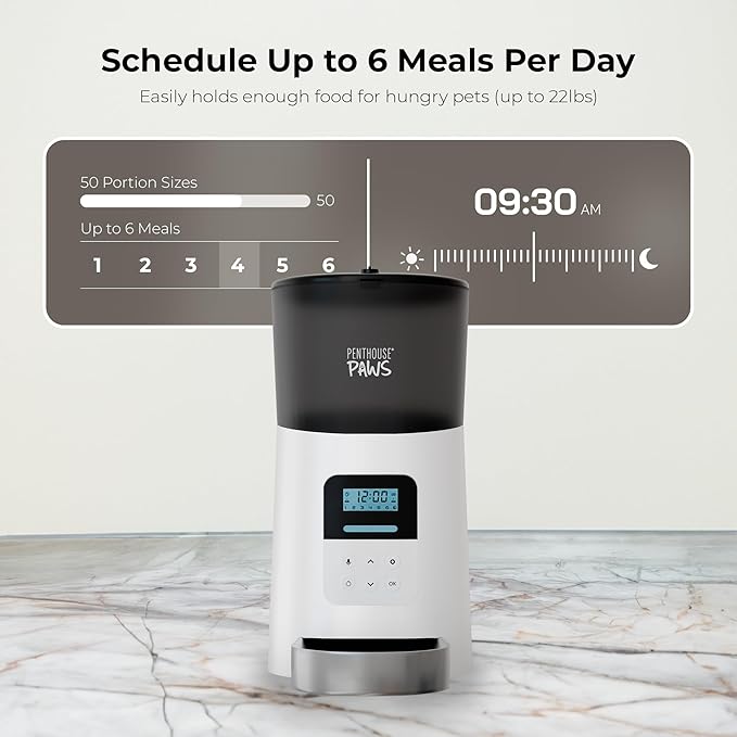 Automatic Cat Feeder, 6L Dry Dog Food Dispenser with LCD Display, Twist-Lock Storage with Freshness Preservation, Anti-Jam Feeding, 10s Voice Meal Call, Upto 15 Daily Meals, Battery Backup White